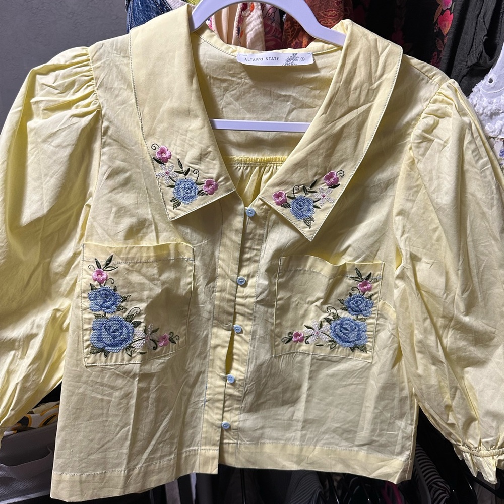 Altar'd State Pale Yellow Embroidered Button-Front Top with Blue Floral Detail